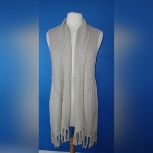 Womens Large Large Sleeveless Open Front Cascade Cardigan Sweater W/Fringe